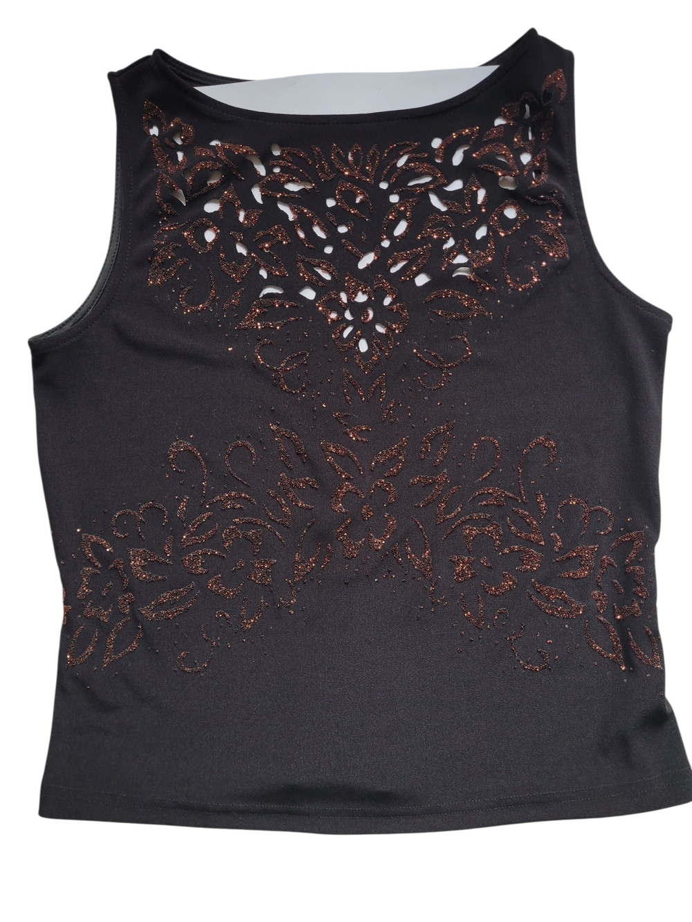 Vintage Cartise Y2K Black Camisole with Copper Glitter Floral Cutouts Top